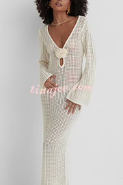 Bahamas Knit Long Bell Sleeve Sexy Backless Holiday Cover-up Maxi Dress