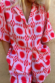 Brighten Any Day Linen Blend Sun World Printed Shirt and Elastic Waist Pocketed Shorts Set