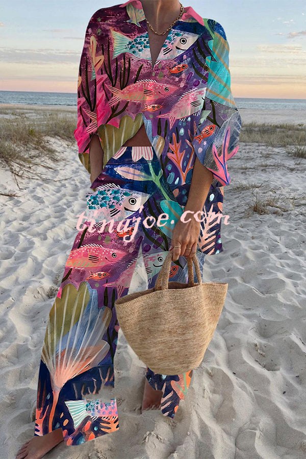 Ocean Fish Print Oversized Shirt and Elastic Waist Pocket Pants Set