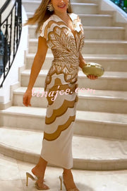 Feona Satin Unique Print V-neck Wide Sleeve Ruched Waist Slit Midi Dress