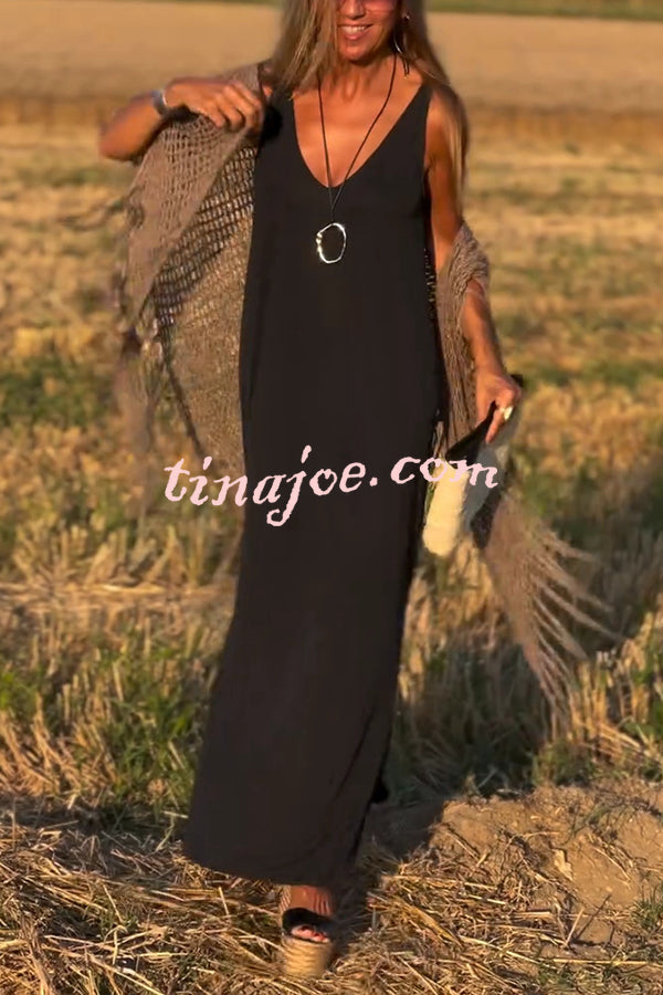 Solid Color V-neck Sleeveless Casual Loose Maxi Dress