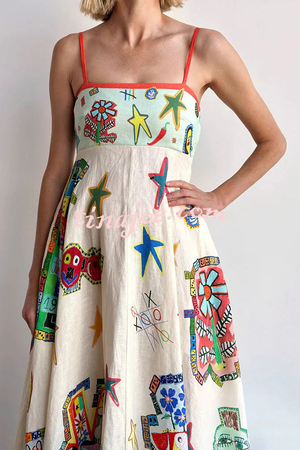 Miami Happy Hour Linen Blend Unique Print Smocked Back Pocketed Midi Dress