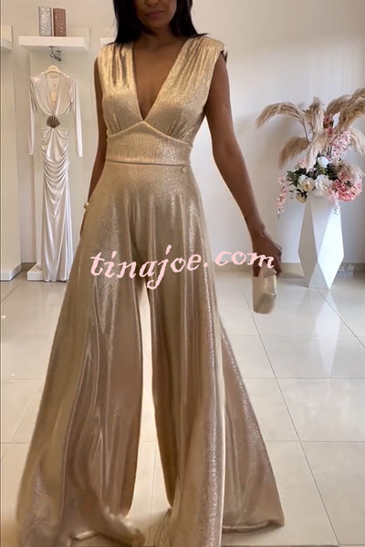 Roisin Metallic Fabric Ruched Shoulder V-neck Wide Leg Drape Jumpsuit