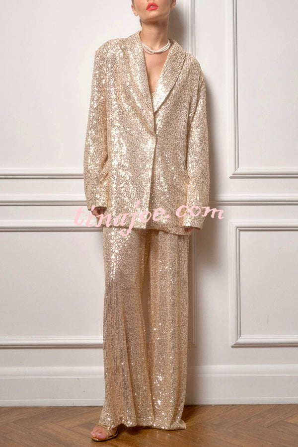 Solid Color Sequin Elastic Waist Elegant Loose Pants