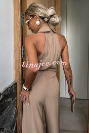 Fashionable Unique Look Halter Shirt Collar Pocketed Wide Leg Jumpsuit