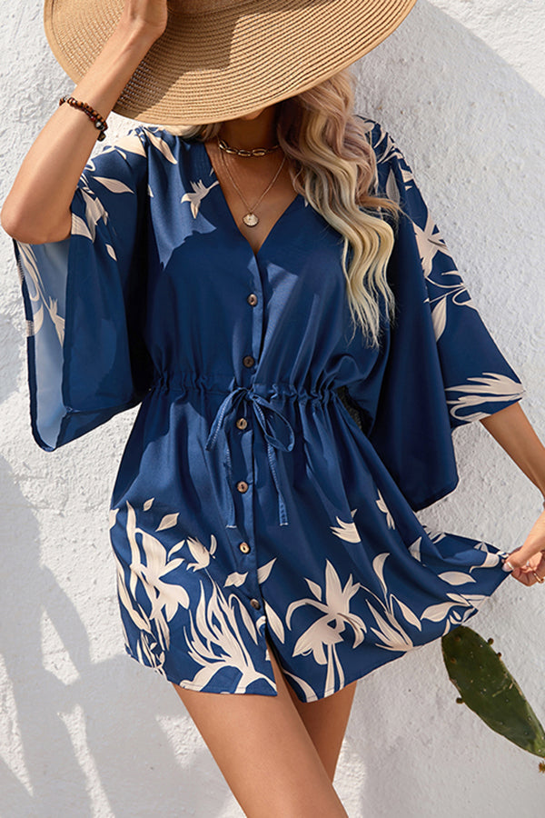 Botanical Print Button Drawstring Waist Dolman Sleeve Loose Romper