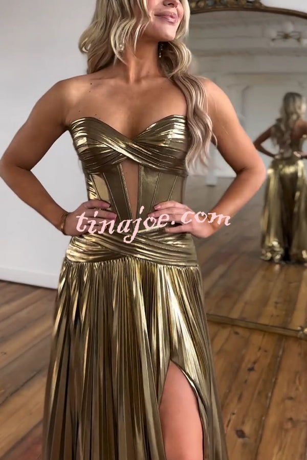 Dazzling Metallic Fabric Cross Strapless Cutout Slit Pleated Maxi Dress