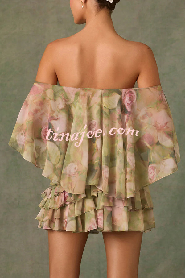 Chiffon Floral Print Elegant Multi-Layered Ruffle Mini Dress
