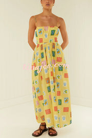 Unique Printed Suspender Backless Pleated Waist Maxi Dress