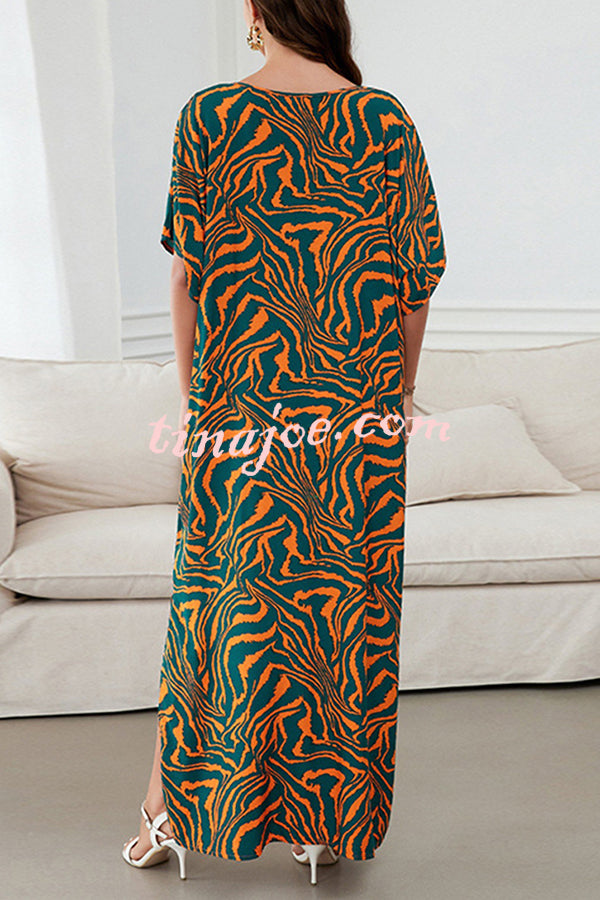 Floral Print V-Neck Lace-Up Loose Holiday Cover-Up Maxi Dress