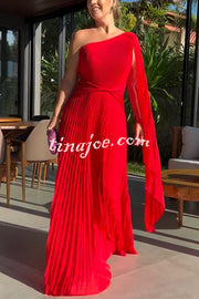 Kate Pleated One Shoulder Drape Sleeve Twist Waist Maxi Dress