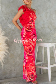 Floral Print Sleeveless 3D Flower One Shoulder Slim Maxi Dress