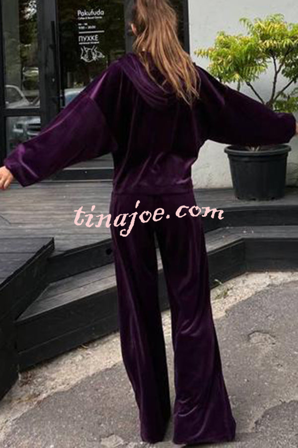 Velvet Casual Zip-up Hooded Top and Elastic Waist Wide Leg Pants Set