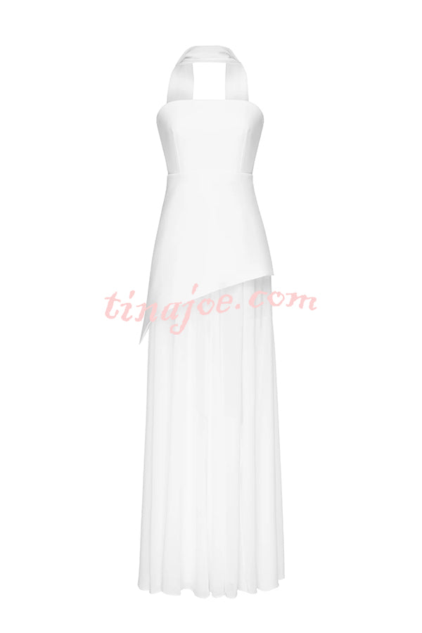 Monaco Off Shoulder Structured Top Chiffon Slit Hem Scarf Maxi Dress