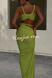 Sexy Halter Back Braided Suspender Top and Beach Holiday Style Hip-wrapped Maxi Skirt Set