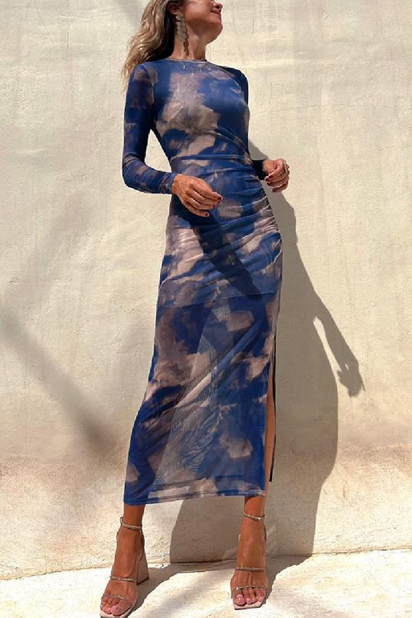 Charm Lady Mesh Overlay Tie Dye Print Long Sleeve Ruched Stretch Midi Dress