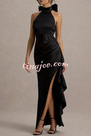 Maureen Satin High Neck Ruched Ruffle Slit Draped Maxi Dress