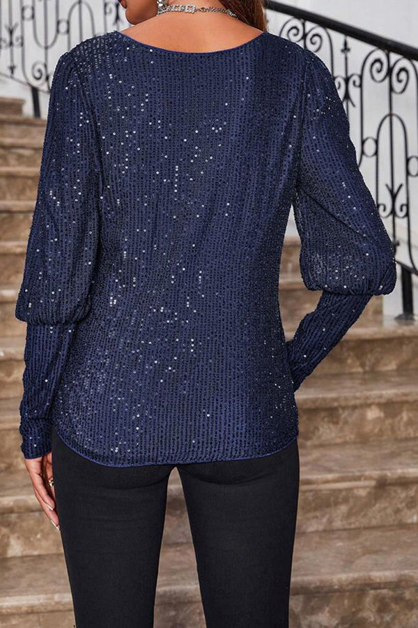 Solid Color Sequined Round Neck Long Sleeve Loose Top