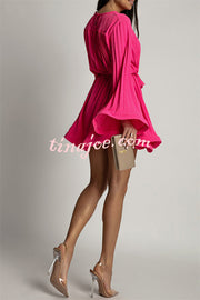 Fashion Bell Sleeve Loose Waist Tie Pleated Mini Dress