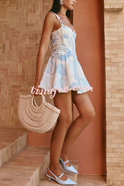Avere Linen Blend Unique Print Scallop Trim Side Lace-up Mini Dress