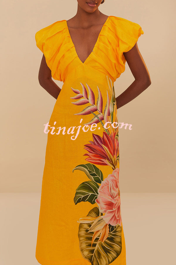Plant Print V-neck Open Back Holiday Style Slit Midi Dress