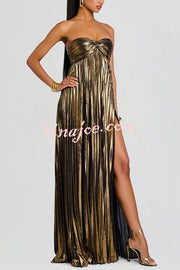 Metallic Sexy Tube Top Pleated High Slit Maxi Dress