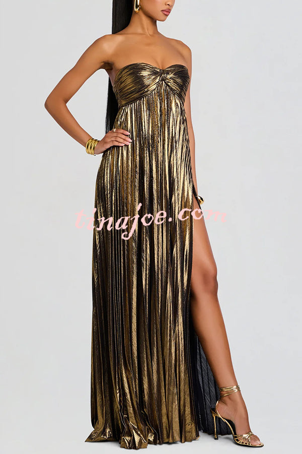 Metallic Sexy Tube Top Pleated High Slit Maxi Dress