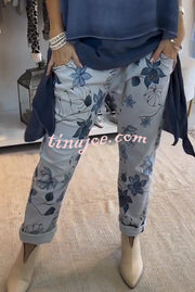 Botanical Print Elastic Waist Pockets Casual Pants