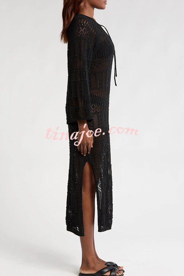 Hollie Knit Unique Pattern Tie-up Long Sleeve Cover-Up Midi Dress