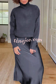 Jaelyn Solid Color Turtleneck Long Sleeve Sweater and Satin Elastic Waist Maxi Skirt Set