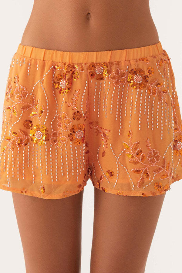 Dazzling Sequin Beaded Material Low Rise Elastic Waist Loose Shorts