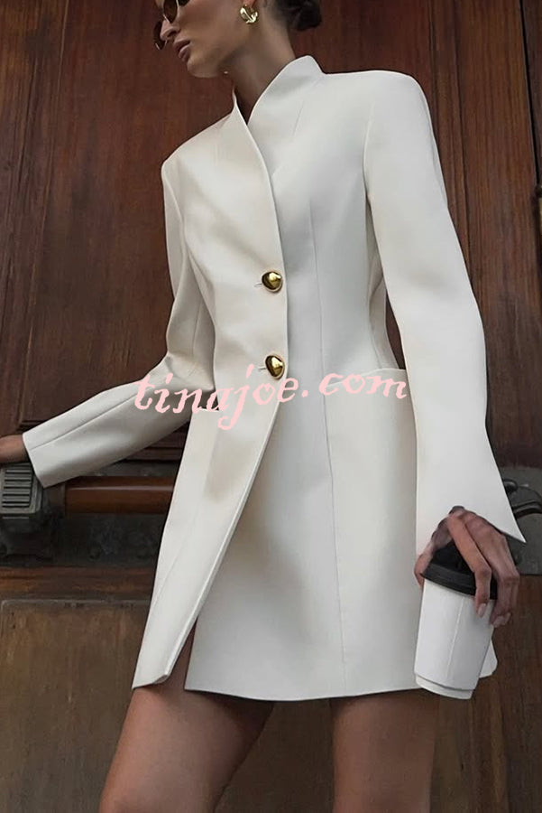 Kayleen Stand V-neck Decorative Metal Button Long Sleeve Pocket Blazer Mini Dress