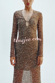 Fashion Sequined Hollow V-neck Long-sleeved Holiday Midi Dress