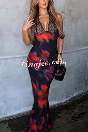 Fashion Printed Halter Neck Backless Lace-Up Sexy Slim Maxi Dress