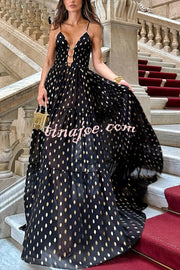 Charming View Chiffon Gold Polka Dot Print Cutout Lightweight Maxi Dress