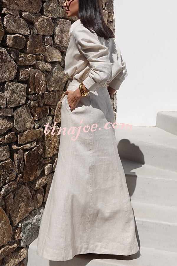 Natural Tone Linen Blend Button Up Blouse and High Rise Pocketed Maxi Skirt Set