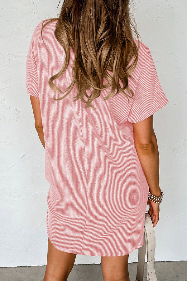 Casual Solid Color Striped Short-sleeved Pocket Mini Dress