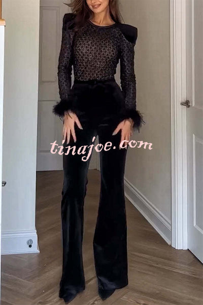 Monique Fish Scale Lace Sequin Velvet Patchwork Feather Trim Belted Stretch Flare Jumpsuit