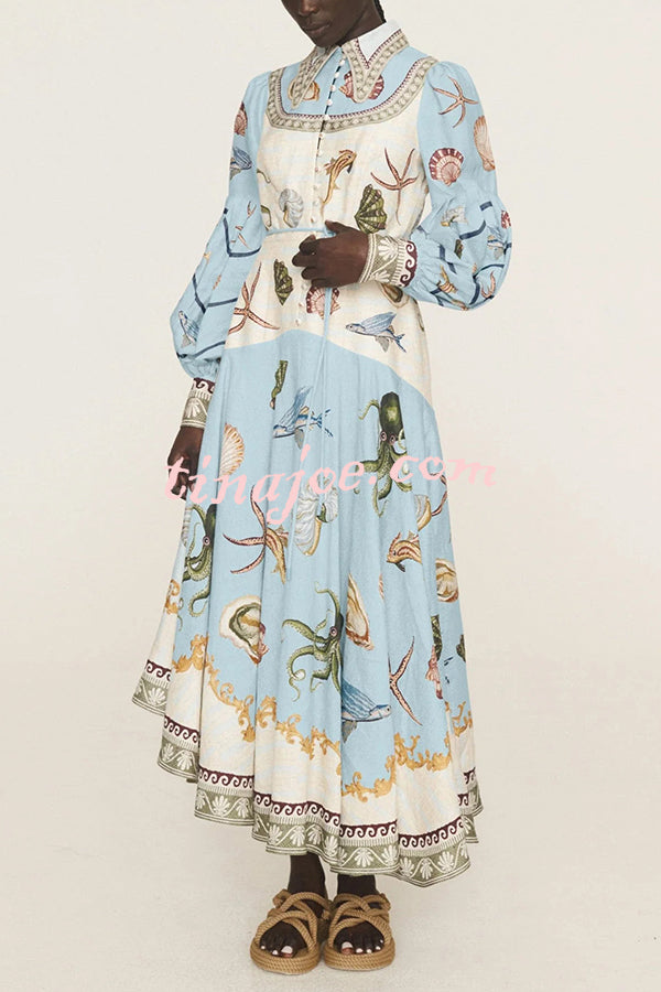 Ocean Print Lapel Button Waist Tie Resort Maxi Dress