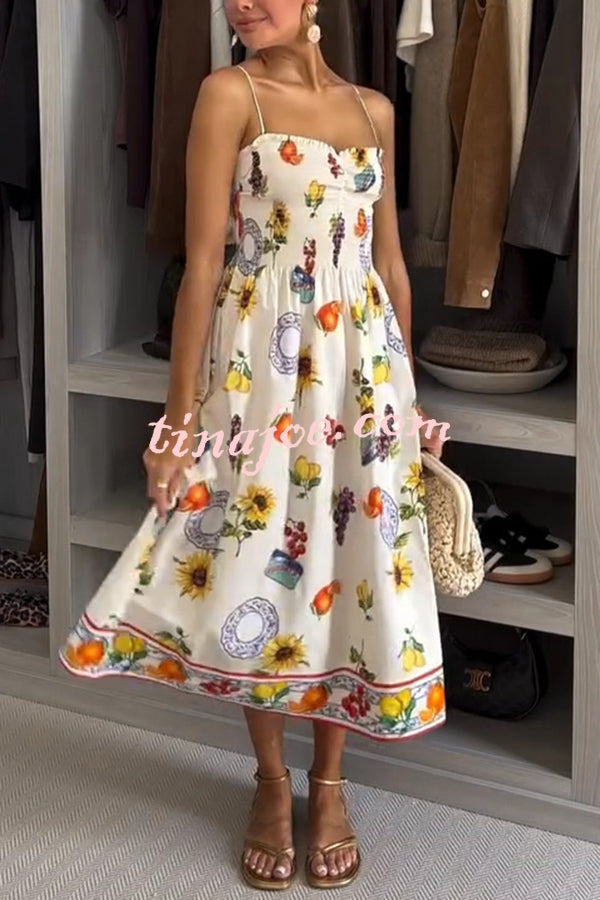 Summer Fruit Print Sling Pleated Vacation Midi Dress