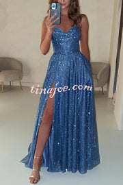 Cinderella Glitter Tulle Fabric Cowl Neck Back Lace-up Pocketed Slit Maxi Dress