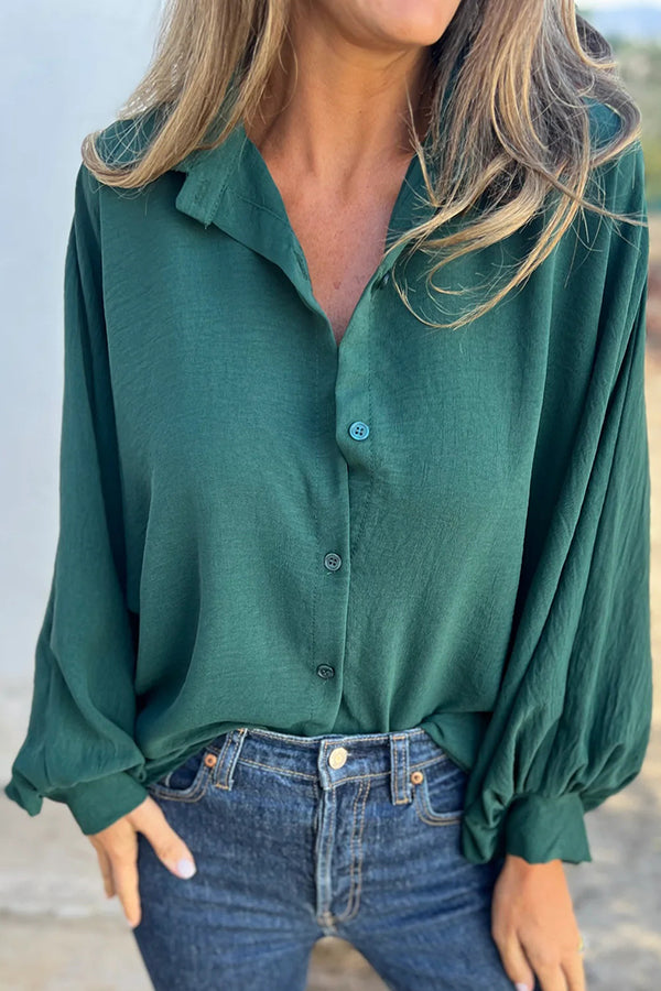 Solid Color Loose Batwing Sleeve Buttoned Casual Shirt