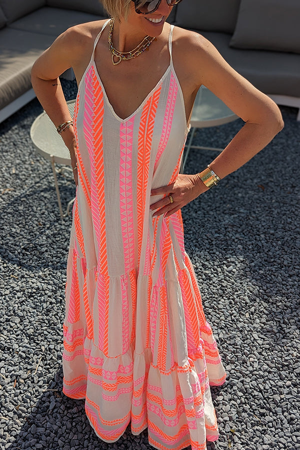 Away on Vacay Ethnic Print A-line Cami Maxi Dress