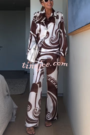 Oceanfront Views Unique Print Long Sleeve Loose Shirt and Elastic Waist Pocketed Pants Set