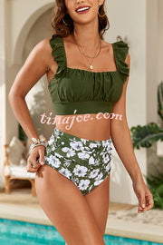 Botanical Print Ruffled Two-piece Stretch Bikini Swimsuit