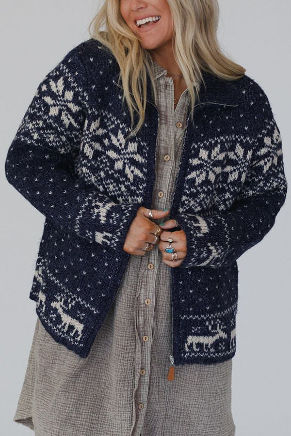 Christmas Snowflake Moose Zipper Long Sleeve Sweater