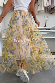 Summer Lemon Print Elastic Waist Tulle Holiday Midi Skirt