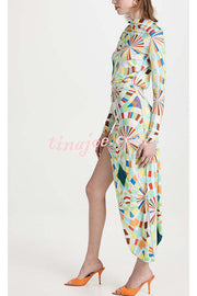 Colorful Season Printed Mock Neck Open Back Asymmetric Hem Stretch Midi Dress