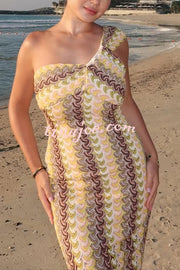 Colorful Zigzag Pattern Lace One-shoulder Slim Vacation Midi Dress