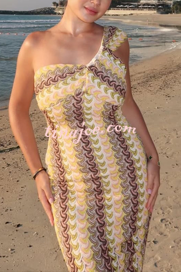 Colorful Zigzag Pattern Lace One-shoulder Slim Vacation Midi Dress